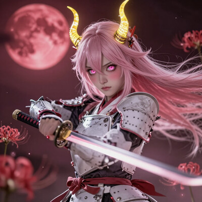 (masterpiece, best quality, amazing quality, very awa, newest, very aesthetic, ultra-detailed, absurdres, 8k), 1girl, oni girl, (pink hair, gradient hair:1.2), long hair, straight hair, (yellow horns, glowing horns), pink eyes, glowing eyes, samurai armor, white armor, (serious expression, resolute, head tilt, blush) BREAK dynamic pose, dynamic view, dutch angle, (maroon theme, red theme, dark theme, rosy colors, yellow colors, pink colors), night sky, red moon, dark clouds, spider lilies, detailed background, clear background structure, clean background, soft lighting, volumetric lighting, soft shading, glowing particles, bokeh BREAK battle stance, katana, holding sword, unsheathing, holding objective, glowing sword BREAK ultra-detailed eyes, detailed pupils, high gradient eyes, eye reflection, detailed clothes, fine fabric emphasis, soft skin texture, red nails, pale skin, soft pink skin, (body blush), (masterpiece:1.4, best quality:1.4, amazing quality, very awa, newest, very aesthetic:1.4, ultra-detailed, absurdres, 8k), cabstl