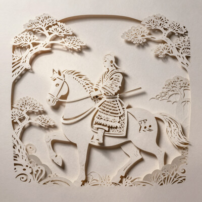 A beautiful and artistic paper cutout composition depicting a samurai warrior on a horse in an elegant, handcrafted style. The compositions are intricately cut from high-quality textured paper, with soft shadows cast onto the background, adding depth and dimension. Surrounding the samurai warrior are delicate paper cutout bonsai, and swirling decorative elements, creating a sense of traditional japanese art and craftsmanship. The lighting is soft and warm, enhancing the texture of the paper and giving the scene a handmade aesthetic. The background is a pale rising sun in a softly blurred gradient to keep the focus on the intricate details of the paper art