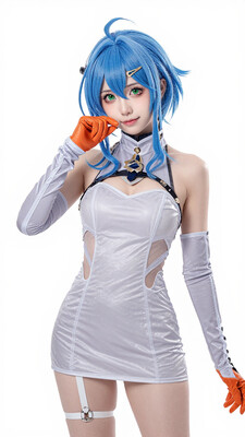 masterpiece, best quality, amazing quality, aesthetic, absurdres, best quality, 4k, upscale, simple background, white background, seed_(zenless_zone_zero), 1girl, small breasts, elbow gloves, looking at viewer, grey dress, bare shoulders, hair ornament, blue hair, braid, closed mouth, holding, green eyes, long hair, smile, standing, hairclip, cowboy shot, ahoge, swept bangs, detached sleeves, thigh strap, white dress, cleavage, see-through, sleeveless dress, white gloves, grey sleeves, orange gloves