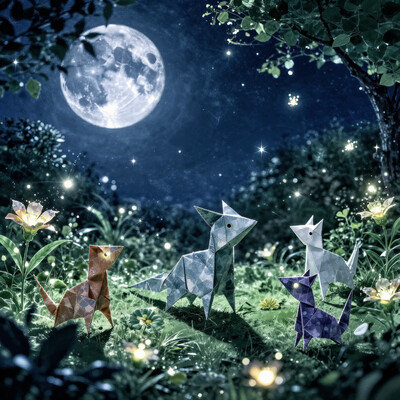 Create a surreal still life image in the style of Syd Mead's futuristic illustrations, depicting origami animals emerging from intricate paper folds under the soft glow of steel blue moonlight casting long shadows across lush verdant gardens filled with luminous flowers that seem to hum with an otherworldly energy, amidst twinkling stars and fireflies dancing like tiny lanterns, as the creatures' glowing eyes sparkle with a sense of wonder and enchantment amidst a tapestry of vibrant greenery and delicate background details., nistyle, Simon Stalenhag Style