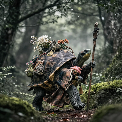 an anthropomorphic turtle with a large decorated shell, walking through a dense misty forest, the turtle is wearing a long flowing robe adorned with intricate patterns and holding a wooden staff, The shell is filled with various items including flowers and pouches, wandering sage, towering trees background, moss-covered rocks, soft ethereal light filtering through the forest canopy, a magical and serene atmosphere