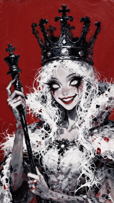 1girl, portrait, holding scepter, queen, holding queen \(chess\), massive crown, black crown, looking at viewer, head tilt, black eyes, white hair, long hair, white fur, slit pupils, white pupils, red background, simple background, smile, crazy, yandere, outstretched arm, textured painterly, abstract, , masterpiece, best quality, amazing quality, very aesthetic, highres