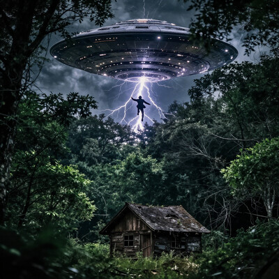 R3alisticF, , SmoothNoob_Quality.Photorealistic with a cinematic quality, hyper detailed, intricately detailed, epic- masterpiece, best quality, high quality, 8K, HDR, , best quality, absurdres, JedclfIL style, vibrant colors, a mysterious and eerie scene. Dominating the sky is a large, circular UFO with bright, glowing lights around its rim, hovering above a dense forest. The UFO emits a bright, jagged bolt of lightning that illuminates the dark, overcast sky. The background is a lush, green forest with tall, leafy trees and dense underbrush, creating a sense of depth and isolation. In the foreground, a small, rustic cabin with a dark brown roof and wooden walls stands in the center of a clearing. The cabin appears to be abandoned, with no visible signs of life. A lone figure, dressed in a dark, form-fitting suit, is seen floating towards the UFO, arms outstretched, as if being pulled into it. The figure's face is obscured, adding to the mystery and tension of the scene. The overall color palette is dominated by dark greens and blues, with the lightning bolt adding a dramatic, electric element. The combination of the serene, untouched forest with the ominous presence of the UFO and lightning creates a haunting, otherworldly atmosphere.., ..., dramatic light, hyper realistic, in the style of wallpapers, colorful realism, realistic attention to detail, highly detailed, UHD. ultraphotographic, epic, surreals, highly detailed, vibrant Sony A7S III, f/ 8.0, 1/ 200, sharp focus, detailed 64K, megapixel