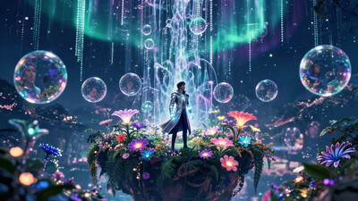 A time traveler with a long silver coat and glowing gauntlets lands softly on a floating garden island filled with bioluminescent alien flowers and levitating translucent bubbles. The bubbles reflect the faces of distant viewers, symbolizing shared imagination. Above, the sky ripples with flowing auroras and cascading waterfalls of digital code. Cinematic wide-angle, vivid style, glowing atmosphere., , klordoftherings, , detailifier