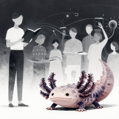 an axolotl with frilly gills, post-apocalyptic, a human living in a world where they can read minds, a society where people can control gravity, the art style emphasizes a modern and ethereal aesthetic, blending minimalist compositions with striking, symbolic elements. It features a strong focus on contrasts, often juxtaposing soft, smooth gradients with sharp, defined details. Themes of otherworldliness and transcendence are prevalent, conveyed through a mix of muted and glowing color palettes. The use of clean, elegant forms paired with surreal or abstract symbolism creates a visually captivating and contemplative mood across all pieces.