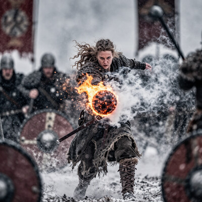 intensely focused Viking woman warrior with curly hair hurling a burning meteorite from her hand towards the viewer, the glowing sphere leaves the woman's body getting closer to the viewer leaving a trail of smoke and sparks, intense battlegrounds in snowy conditions, army banners, swords and shields on the ground
