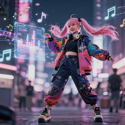 embedding:Illustrious\IllusP0s, embedding:Illustrious\F4st, masterpiece, best quality, amazing quality, absurdres, newest, (highly detailed, intricate details, cinematic lighting:1.3), concept art, final fantasy inspired, (character portrait with instrument:1.1), (extreme macro head close-up:1.5), 1girl, solo, upbeat, confident pose, street-style bard, her outfit is a vibrant mix of high fashion and audio tech, she wears an oversized colorful bomber jacket with sound wave patterns embroidered on the back, under it is a black crop top and high-waisted tech pants with straps and pockets, she has brightly colored headphones around her neck, chunky platform sneakers, her hair is long pastel pink and tied in twin tails, her expression is cheerful and energetic, her instrument is a floating holographic soundboard that hovers in front of her, she taps and swipes on its light-based interface causing glowing musical notes and equalizers to drift around her in the air, the background is a bustling neon-lit city square at night with crowds and towering holographic advertisements.