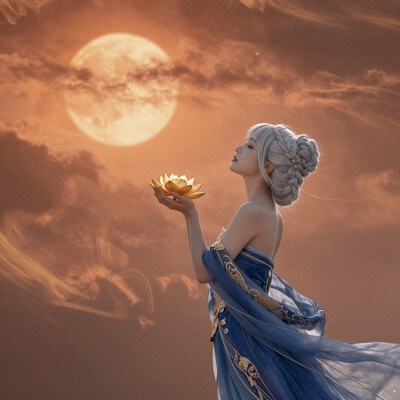 A serene, pale-skinned woman with silver hair styled in a braided updo stands at the edge of a starry night, gazing upwards at a blazing orange sun. She wears a flowing, strapless indigo gown with intricate gold embroidery, her slender fingers grasping the delicate petals of a golden lotus flower. The woman's profile is serene, her eyes closed as if in prayer. The sky above is ablaze with vibrant orange hues, with streaks of yellow and pink radiating from the sun like wispy brushstrokes., fg