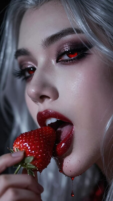 Masterpiece, high detail, extreme closeup portrait of a beautiful vampire woman with piercing red eyes. She has long silver hair, dark, smoky eyeshadow that enhances her piercing gaze, and blood-red lips slightly parted to reveal sharp fangs as she bites into a crimson strawberry dripping with blood. Her expression is seductive and erotic, drawing the viewer in with an intense, direct gaze. Her tongue is glistening wet with saliva The composition highlights her side profile, emphasizing the curve of her jaw, her cute nose and the delicate details of her features. The dark background contrasts with the luminous tones of her skin and hair, enhancing the blood droplets glistening on the strawberry. Hyperdetailed concept art with HD8K resolution, designed for a high-definition wallpaper. The atmosphere is alluring and mysterious, capturing her sensual and predatory essence. fangs aidmafluxpro1.1
