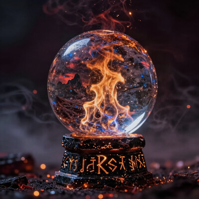 A hyperrealistic close-up shot of a crystal ball resting on a weathered, blackened pedestal carved with intricate runes glowing faintly in amber. Inside the crystal ball, a swirling flame burns eternally, its vibrant hues shifting between orange, gold, and blue, as though alive and suspended in time. The reflection on the ball shows a desolate, ash-covered landscape with a single distant, jagged mountain peak beneath a crimson and stormy sky. Around the pedestal, scattered embers glow softly, casting warm light on the cracked and textured ground. The background fades into a smoky haze, with subtle flickers of firelight illuminating the swirling smoke patterns. The lighting is dramatic, with intense highlights on the crystal ball and deep, shadowy contrasts around the edges, creating a powerful, moody atmosphere. Hyperdetailed textures, glowing ember effects, and intricate reflections bring the fiery core and surrounding environment to life.