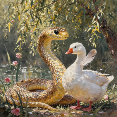 bo-snake, a oil paint on canvas of a world of mystical anime snake, dark fantasy, A golden-yellow, stylized serpent, with small, round, black eyes that sparkle with an ancient knowing, gracefully coils around the neck of a plump, snowy-white goose. The serpent's scales shimmer with a subtle opalescent iridescence, catching the warm, dappled sunlight filtering through the leaves of a nearby willow. The goose, preening a delicate, ivory feather with its tiny pink beak, tilts its head inquisitively, its gaze meeting the serpent's knowing stare. Sunlight, warm and diffused, paints the scene with a honeyed hue, highlighting the soft curves of the bird's body and the intricate, almost patterned scales of the snake. A gentle, almost imperceptible breeze, carrying the sweet scent of wild roses and damp earth, rustles the tall reeds at the edge of a shallow, clear pond. The goose's soft, downy feathers, cool and smooth against the touch, contrast strikingly with the cool, dry, smooth scales of the snake, creating a delicate balance of textures in the serene morning light. The scene hums with a quiet, almost mystical, peace.