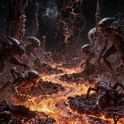 Oceans of molten metal flow through space, ripping apart stars and galaxies as they surge forward like cosmic rivers of destruction. Towering, skeletal structures rise from the galactic floor, their spires made from the bones of fallen worlds. Reality warps as invisible forces tear the sky apart, leaving behind gaping holes where the universe once stood. Out of the void, multi-limbed, insectoid gods crawl, their bodies writhing and reshaping into impossible forms as they consume the last remnants of creation.