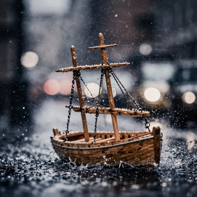 woodfigurez, a small wooden boat in sour water, during heavy weather, in the streets of new york, tilt shift photography, at night
