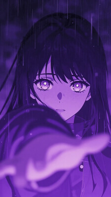 by kukka, by zuharu, reaching, foreshortening, anime coloring, flat color, limited palette, purple palette, glowing theme, 1girl, portrait, black hair, straight hair, looking at viewer, outdoors, rain, unusually open eyes, vanishing point, depth of field, ultra-detailed eyes, slit pupils, very awa, best quality, highres, masterpiece, nhl-002