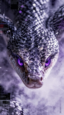 high quality, ultra detailed, colorful, abstract, fantasy, bo-abstract, bo-abyss, a highly detailed digital artwork featuring a close-up of a human face and a snake, the subject's skin is pale, with a smooth texture that resembles scales, and the snake's head is intricately detailed, with its head facing towards the viewer, its eyes are large and expressive, with vivid purple irises and long, dark eyelashes, giving it a mystical, almost ethereal appearance, the eyes are surrounded by a shimmering, iridescent quality, suggesting a magical or otherworldly quality, the background is a soft, gradient of light purple and white, creating a dreamy, ethereal atmosphere, the texture of the scales is smooth and glossy, reflecting light and creating a sense of depth, the overall style is highly realistic with a touch of fantasy, blending elements of realism and fantasy art, the artwork is rich in detail, capturing the textures of the human skin, the colors are vivid and vivid, enhancing the ethereal and otherworldly feel of the scene, partially blended with abstract digital elements. The scene has a dark, moody ambiance. The background features layers of glitch art, fragmented texts, and metallic textures. contrasting against the monochromatic tones of black, grey, and hints of red. Smudged paint and scratches add a sense of decay and technology