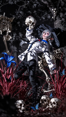 masterpiece, sharp detail, intricate detail, 1girl, (rella, konya karasue), pointy ears, blue eyes, long eyelashes, red eyeliner, silver hair, asymmetrical hair, black hairband, medium breasts, blunt bangs, long low ponytail, dynamic pose, full body, looking at viewer, long eyelashes, holding skull, from below, against tree, leaning back, white shirt, blue trim, long shirt, floating shirt, partially unbuttoned, pants, black pants, big witch hat, knee boots, BREAK lily (flower), blue flower, butterfly, bone piles, skeleton, skulls, tall red grass, black flower, limited palette, tenebrism, from below, dutch angle, blurry foreground, unlit, hard shadows, deep contrast, BREAK chiaroscuro, volumetric lighting, dappled light, dramatic shadows, cinematic lighting, detailed background