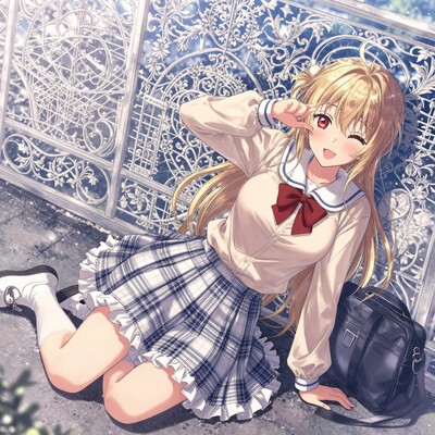 1girl, solo, lazypos, anime-style digital drawing, CG, detailed background, intricate scenery, cinematic lighting, soft pastel colors, detailed and delicate, whimsical and dreamy, soft shading, detailed textures, gentle and innocent expression, intricate and ornate, elegant and charming, outdoors, machikado, paved road, sky, blue sky, kaela20, medium breasts, blonde hair, red eyes, half updo, long hair, smile, flannel skirt, pleated white and blue skirt, sleeves past wrists, long sleeves, beige blouse, red bow, white sailor collar, white frilled skirt, school bag, akanbe, leaning forward, high angle side view, looking at viewer, eyelid pull, tongue out, finger to eye, hand up, :p, index finger raised