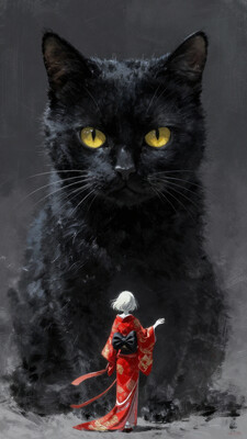 breathtaking breathtaking a digital painting in a fantasy and surreal style. The focal point is a large black cat sitting with striking yellow eyes that dominate the composition. The cat's fur is rendered with textured brushstrokes, giving it a sense of depth and realism. The cat's face is close to the ground, with its ears slightly tilted, creating a sense of curiosity and attention. Standing in front of the cat is a small silhouette of a girl seen from behind with a pale, almost ghostly appearance. The figure has short, white hair and is dressed in a bright red kimono decorated with intricate gold patterns. The kimono flows gracefully to the ground, adding a sense of movement and elegance to the scene. The girl reaches out to the large cat. The background is minimalistic, with a gradient of dark to light gray tones, giving a sense of depth without distracting from the main subjects. The overall mood of the image is serene yet slightly eerie, with the large cat towering over the smaller figure, the large cat staring sternly and menacingly at the smaller figure creating a dynamic and somewhat intimidating relationship between the two. The textures in the painting are rich and detailed, with emphasis on the soft fur of the cat and the smooth, flowing fabric of the dress. The overall colour palette is dominated by cool tones, with the exception of the bright red dress., masterpiece, award-winning, professional, highly detailed . award-winning, professional, highly detailed