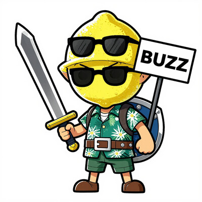 wndwkr, colored outline, bold outline, pointy ears, male focus, blonde hair, 1boy, toon link, belt, CitronLegacy, sunglasses, lemon head, hat, shield on back, holding weapon, left-handed, holding sword, Hawaiian shirt, , (need_buzz, holding sign)