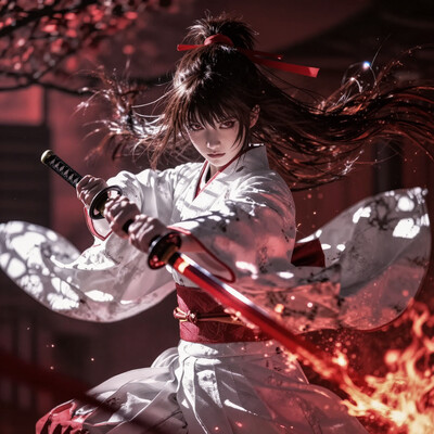 masterpiece, sharp detail, intricate detail, 1girl, (Yamada Asaemon Sagiri), detailed eyes, sag1ri, long hair, brown hair, hair between eyes, sidelocks, high ponytail, hair ribbon, red ribbon, brown eyes, japanese clothes, white kimono, red sash, obi, wide sleeves, white hakama, hakama skirt, holding katana, red katana, katana on fire, dynamic fight pose, Japanese city background, perfect katana, perfect face, red theme, BREAK (dramatic angle, dynamic angle), high-key lighting, light rays, hard lighting, light and shadow contrast, high contrast, mysterious, eerie, BREAK chiaroscuro, volumetric lighting, dappled light, dramatic shadows, cinematic lighting, detailed background, glowing light particles, light particles