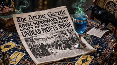 A richly embroidered tablecloth, covered in celestial patterns, cradles a crisp edition of The Arcane Gazette, its front-page headline flashing with urgent enchantment: âROYAL NECROMANCER FOUND GUILTY OF SOUL FORGERY â UNDEAD PROTESTS SPREAD!â Beneath the text, a moving ink sketch shows a crowd of skeletal and ghostly citizens marching through the capital, holding banners that read âRIGHTS FOR THE RISEN.â A silver goblet, half-filled with shimmering blue elven wine, rests dangerously close to the edge of the paper, reflecting the dancing words in its surface. Scattered across the table, golden tarot cards lie overturned, their symbols eerily aligning with the chaotic news story. Wisps of green necromantic energy drift lazily from the paperâs edges, a sure sign that the article has been cursedâor blessedâby unseen hands. A raven, its eyes gleaming with unnatural intelligence, perches on the back of a chair, occasionally pecking at a loose parchment as if scrutinizing the news. The scent of old books and alchemical ingredients fills the air, mingling with the faint sound of whispered spells still lingering in the room. Outside, the sound of distant chanting can be heardâperhaps the very undead protesters making their voices known beyond the printed word., detailed background Fantastic lighting. Detailed shadows.intricate details, vivid colors, hyper-detailed, ultra-sharp