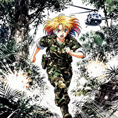 anime coloring, anime screencap, masterpiece, best quality, girl in the Vietnam War in the 1970, in a jungle, big trees, plant life, , 1girl, solo, Marin Kitagawa, blonde hair, ear piercing, red eyes, earrings, multicolored hair, barbell piercing, girl wearing camouflage military garb, cowboy shot, looking at the viewer, mouth open, girl shouting, girl fully in the shot, girl running really fast toward the screen, (intense motion lines, explosions in the background, a helicopter in the air with fast propellers:1.3)