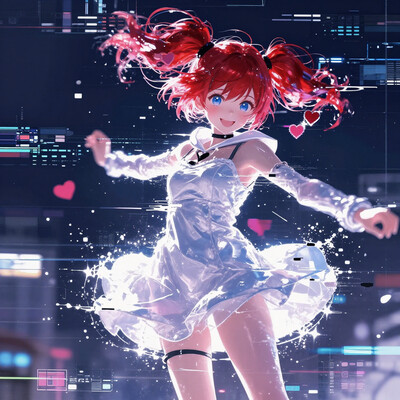 konya karasue, lam \(ramdayo\), masterpiece, best quality, highres, absurdres, newest, very awa, aesthetic, usnr, window \(computing\), abstract, glitch, mhh, dynamic pose, movementglowing, pixelates glitch, glowing screen, s0ph1a, short hair, red hair, detached hair, heart, ahoge, twintails, blue eyes, short dress, white dress, hooded dress, hood down, long sleeves, black shorts, bike shorts, cute, smile, bright smile, shiny skin