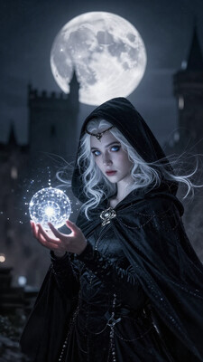 1girl, blue eyes, solo, looking at viewer, hood, white hair, cloak, freckles, moon, upper body, hood up, fingernails, lips, hooded cloak, night, closed mouth, sky, glowing, circlet, outdoors, full moon, black cloak, long sleeves, holding, castle, medium hair, cape, glowing, holding orb, , , masterwork, masterpiece, best quality, detailed, depth of field, , high detail, best quality, very aesthetic, 8k, dynamic pose, depth of field, dynamic angle, adult, aged up