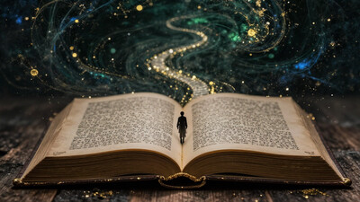 digitally created artwork that combines elements of surrealism and fantasy. The image features a long, winding, illuminated book that seems to be a pathway. The book, open to its pages, is positioned horizontally, with its spine facing the viewer. The pages are yellowish-brown, textured, and filled with dense text that appears to be written in an ancient language. The book's spine is adorned with gold, giving it a regal and mystical appearance. At the center of the book, a small, dark silhouette of a person stands, facing away from the viewer, adding a sense of mystery and exploration. The background is a swirling mix of dark greens and blues, with splashes of gold and other metallic hues, creating a dreamy, ethereal atmosphere. The floor beneath the book is a wooden surface, textured with aged, weathered wood, adding to the sense of antiquity. The overall composition suggests a journey through knowledge and exploration, with the book's pages serving as a winding path leading to an unknown destination. The image evokes a sense of wonder and curiosity, inviting the viewer to embark on an imaginative and intellectual adventure., , aidmaimageupgrader, , , aidmaMJ6.1, ultra quality, ultra detailed, intricate details