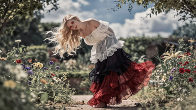 1girl, solo, lazypos, delicate, dreamy, dutch angle, looking at viewer, cinematic lighting, cinematic, volumetric lighting, ray tracing, natural shadows, clouds, blue sky, kaela20, blonde hair, red eyes, long hair, off-shoulder blouse with layered maxi skirt, white blouse, strapless dress, collarbone, layered skirt, black skirt, red skirt, garden, park, walking, flower, scenery, detailed scenery, detailed background, detailed landscape, smile, leaning forward, arms behind back, usnr