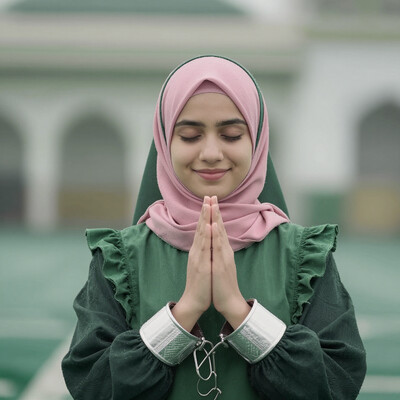 masterpiece, best_quality, absurdres, solo, 1girl, CivChan, closed_eyes, pink hair, green_maid_apron, detached_collar, wrist_cuffs, smile, looking_at_viewer, green_theme, mosque_background, (hijab:1.3), (prayer_hands:1.2), (namaste:1.2), anjali, mosque, hand press together, natural skin