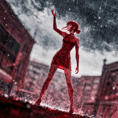 nhl-003 (guweiz, konya karasue, dino \(dinoartforame\):1.2), film grain, realistic, (cinematic:1.3), textured sketch, red theme, (lens blur:1.2), (dynamic angle), dutch angle, from below, long shot, 1girl, solo, makima \(chainsaw man\), formal clothes, contrapposto, hand up, looking afar, grey sky, storm, rain, water drop, building, outdoors, (blurry background:1.2), fisheye, backlighting, depth of field, perspective