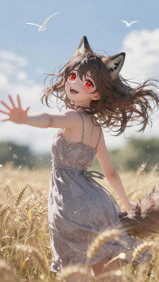 (masterpiece, best quality, amazing quality, very awa, newest, very aesthetic, ultra-detailed, absurdres, 8k), 1girl, holo, wolf ears, wolf tail, large hair, brown hair, sundress, flowing dress, red eyes, glowing eyes, (teasing expression, cute smirk, open mouth, fang, shaft look, head throw back, looking back, head tilt, blush) BREAK dynamic pose, dynamic view, dutch angle, from behind, (warm theme, blue theme, green theme), wheat field, plains, trees, blue sky, clouds, birds, sun, detailed background, clear background structure, clean background, soft lighting, volumetric lighting, soft shading, glowing particles, bokeh BREAK standing, outstretched arm, reaching towards viewer, flowing hair BREAK ultra-detailed eyes, detailed pupils, high gradient eyes, eye reflection, detailed clothes, soft skin texture, pale skin, soft pink skin, (body blush), (masterpiece:1.4, best quality:1.4, amazing quality, very awa, newest, very aesthetic:1.4, ultra-detailed, absurdres, 8k), nyonku