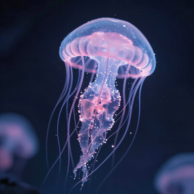 A bioluminescent alien with soft, jellyfish-like features, glowing in shades of pink and blue, and flowing tendrils cascading like hair