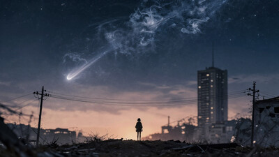 (masterpiece:1.1), (best quality:1.2), high quality, highres, absurdres, incredibly absurdres, HDR, UHD, highly detailed, newest, very awa, very aesthetic, Smooth_Quality, lazypos, artist:moriimee, 1girl, solo, 1other, meteor, starry sky, sky, smoke, smoke trail, skyscraper, depth of field, shading, high contrast, gradient sky, blue sky, orange sky, light particles, post-apocalypse, evening, damaged, cloud, facing away, from behind, hill, horizon, power lines, utility pole, outdoors, scenery, wide shot