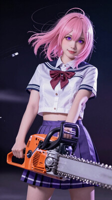 (masterwork, masterpiece, best quality, hyper-detailed, 8k uhd:1.4), 1girl, solo, CivChan, purple eyes, pink hair, medium hair, school uniform, standing looking sweet, coy, smiling sweetly, dark background, holding a chainsaw, motion line, motion blur, masterpiece, extremely aesthetic, highly detailed, dynamic composition, vibrant colors, vivid colors, saturated