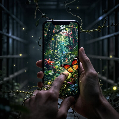 POV image of a man holding a phone with one hand and putting the other hand inside the phone, inside a very dark prison cell. the phone displays a lush jungle filled with vivid and colorful plants and trees, illuminating mystical light. vines and leaves come out of the phone and tangles with the man's hand, making the image magical and whimsical. fireflies surround the phone. a colorful butterfly landed on the man's hand inside the phone. the phone looks like a portal into the jungle. the room is empty and gloomy dark.