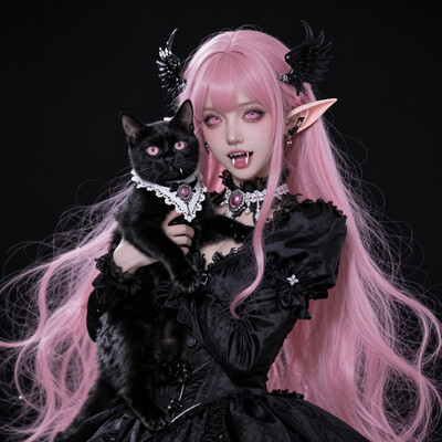 masterpiece, best quality, amazing quality, 1girl, fangs, long hair, dress, pink hair, open mouth, black dress, holding, animal, looking at viewer, pink eyes, solo, pointy ears, cat, two side up, bangs, long sleeves, holding animal, very long hair, ascot, head wings, jewelry, black background, black cat, white ascot, holding cat, vampire, brooch