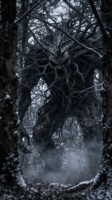 masterpiece, best quality, absurdres, perfect lighting, 8k, megalophobia, Horror Megalophobia photo, close up photo, tree body, low lighting, giant forest creature, horror Leshy creature, tree monsters, winter, snow background, sinister ambience, abandonned forest, Leshy, Leshy from the witcher, fog on the ground, giant, exchostroke