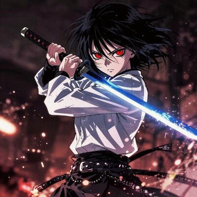 G0thicL1nes, A woman in black pants and a white top wields a glowing blue katana. Her short black hair partially obscures her intense, red-eyed gaze. Sparks and embers fly around her in the dimly lit, blurred background. Anime style, high contrast, and saturated colors.