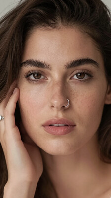 A highly detailed, photorealistic close-up portrait of a woman with neutral expression, looking directly at the camera. She has smooth, fair skin with soft natural texture, light freckles across her cheeks and nose, deep brown almond-shaped eyes with long natural lashes, and subtly arched, dark eyebrows. Her lips are full with a natural pink tone, gently closed, and slightly relaxed. She wears a small silver hoop nose ring in her left nostril. Her medium-length dark brown hair is parted to the side, framing her face, with soft waves and a subtle auburn tint under indoor lighting. Her left hand rests on her cheek, showing a wedding ring with a large central stone and detailed silver band. Captured indoors under diffused soft light, with shallow depth of field and warm tones. Natural lighting, DSLR portrait style, 85mm lens, f/1.8 aperture, high-resolution, realistic facial proportions, no makeup, clean and unfiltered look, soft shadows and smooth bokeh in the background.