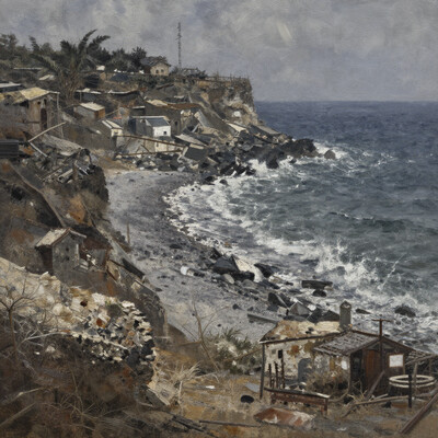 oil painting, A deserted coastline, 34K uhd, masterpiece, high detail, 8k, intricate, detailed, high resolution, high res, high quality, , highly detailed, Extremely high-resolution details, fine texture