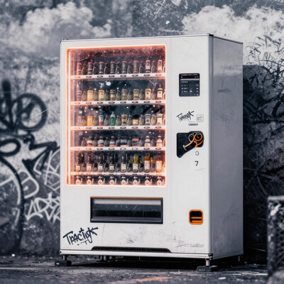 (realism:1.8), (Cel-shading:1.3), (in ARTIST style:1.4), (masterpiece:1.7), (mechanical legs vending machine:2), solo, outdoors, sky, cloud, city, vending machine focus, scenery, (mechanical legs vending machine), (legged vending machine), (multiple legs), (white neon), (orange neon), graffiti, Traction City, white paint, (paint scratches:2), (metal scratches:2), (ultra sharp focus:2), (detailed windows:2), (thin lines:2), (reflections:2), (best quality:1.8)