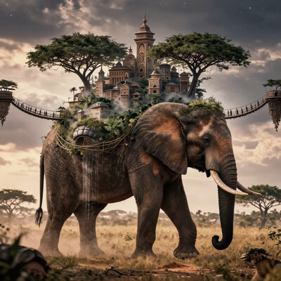 Hyper-realistic scene of a giant ancient african elephant with a city built on its back. The elephant's back is covered in lush, dense savanah with towering trees, fata morganas cascading down its sides, and a hidden, misty village nestled in the foliage. The african city consists of intricately designed buildings that blend seamlessly with the natural environment, featuring rope bridges connecting different sections of the city. The elephant moves slowly through an endless savannah, with sand gently crashing against its sides. Above, the sky is a mix of warm sunset hues and stars beginning to peek through the twilight. The atmosphere is magical and serene, evoking a sense of wonder and timelessness. The image captures the harmony between nature and civilization, with soft, ambient lighting enhancing the mystical ambiance. The perspective is wide, emphasizing the grandeur of the tortoise and the tiny yet intricate details of the city. Original prompt that I used for inspiration is from Rekano33