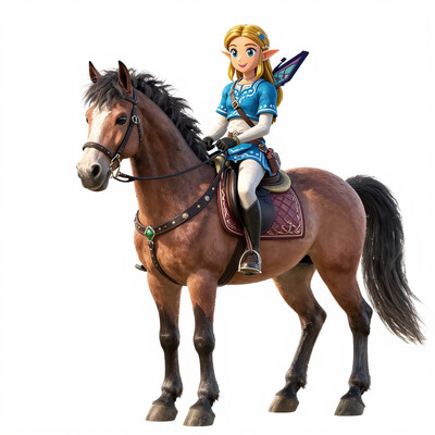 masterpiece, best quality, amazing quality BREAK zelda1x, tunicleggings, smile, riding epona, white background