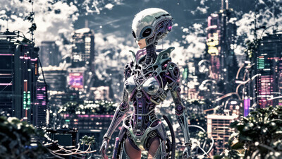 alien city beautiful cyberpunk landscape, cloudy sky, woman, very intricate, very detailed, sharp, bright, colorful, anime style