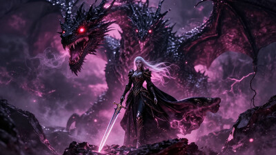 A dark and dramatic fantasy scene featuring a regal, pale-haired sorceress clad in intricate black and gold armor. She stands poised on jagged, rocky terrain overlooking a vast, ethereal landscape bathed in a sinister glow of pink and purple hues. Behind her looms a colossal, menacing dragon with an obsidian-scaled body and glowing crimson eyes that pierce through the gloom. The dragon’s maw shows its sharp teeth, and untamed power, as faint wisps of smoke and glowing embers seep from its maw. The sorceress wields a massive, rune-inscribed sword, her flowing hair and cloak moving with an unseen wind. The atmosphere is ominous yet captivating, with clouds swirling ominously in the background, reflecting the interplay of light and shadow. A perfect blend of gothic elegance and primal ferocity. dark fantasy, gothic sorceress, dragon companion, glowing eyes, stormy atmosphere, otherworldly landscape, intricate armor, epic scale, dramatic lighting, mystical power, high detail.