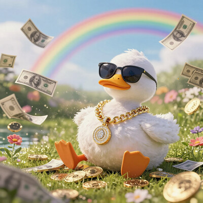 cartoon-style scene of a fabulously wealthy duck, vibrant field filled with fluttering dollar bills, wearing a lavish bling-bling gold chain, sunglasses, looking relaxed. Oversized coins, colorful flowers swaying in the breeze. Bright, sunny, with a rainbow arching overhead, adding to the whimsical and extravagant atmosphere of this rich duck's dreamland, lake of golden coins, falls of gold coins instead of water, [style of greg rutkowski, janek sedlar, jenny saville:0]