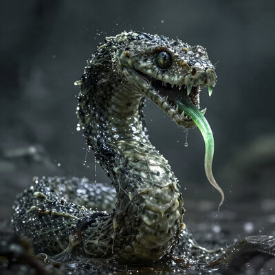 A giant zombified snake, ghostly, rotting slime, wet, with a smooth, glowing green tongue and bared fangs