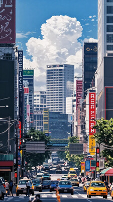 (masterpiece:1.1), (best quality:1.2), high quality, highres, absurdres, incredibly absurdres, HDR, UHD, highly detailed, newest, very awa, very aesthetic, Smooth_Quality, lazypos, artist:moriimee, anime-style bustling city street, colorful billboards, taxis on the road, tall modern buildings, bright blue sky, fluffy (clouds:1.4), cinematic perspective, vibrant signage, lively (urban:1.5) environment, futuristic but realistic details, digital painting, sharp focus, (daylight:1.3), crisp contrast, (vivid colors:1.5), wide-angle composition